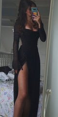 Black Long Sleeves Prom Dress With Side Slit,AST1693