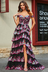 A-Line Off The Shoulder Sparkly Sequin Tiered Prom Dress Floor Length With Slit Sexy