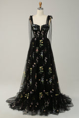 A Line Spaghetti Straps Corset Long Prom Dress With Embroidery Floor Length With Flowers
