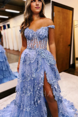 Aimishang A Line Tulle Appliques Off-the-Shoulder Ruffle Long Prom Dress Sweetheart Tiered Skirt Corset Lace Formal Dress Charming Evening Party Sparkly Dress
