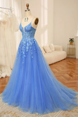 A-Line Spaghetti Straps Back Long Tulle Prom Dress With Appliques Sexy