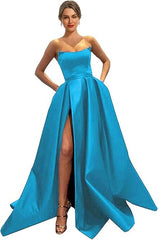 Womens Long Strapless Satin Prom Dress Sleeveless Slit Evening Ball Gown Off Shoulder Party Dress Wholesale