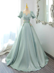 Green Satin Long Prom Dress, Green Satin Lon Formal Dress
