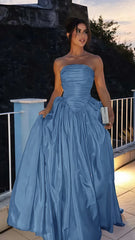 Blue Strapless A-line Satin Prom Dress, AST1738