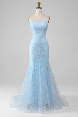 Blush Mermiad Spaghetti Straps Long Prom Dress with Appliques Light Blue With Flowers