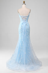Blush Mermiad Spaghetti Straps Long Prom Dress with Appliques Light Blue With Flowers