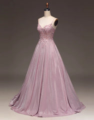A-Line Spaghetti Straps Long Glitter Prom Dress V-neck Sparkly