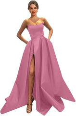 Womens Long Strapless Satin Prom Dress Sleeveless Slit Evening Ball Gown Off Shoulder Party Dress Wholesale