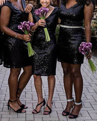 Short Black Tight Sequin Bridesmaid Dress
