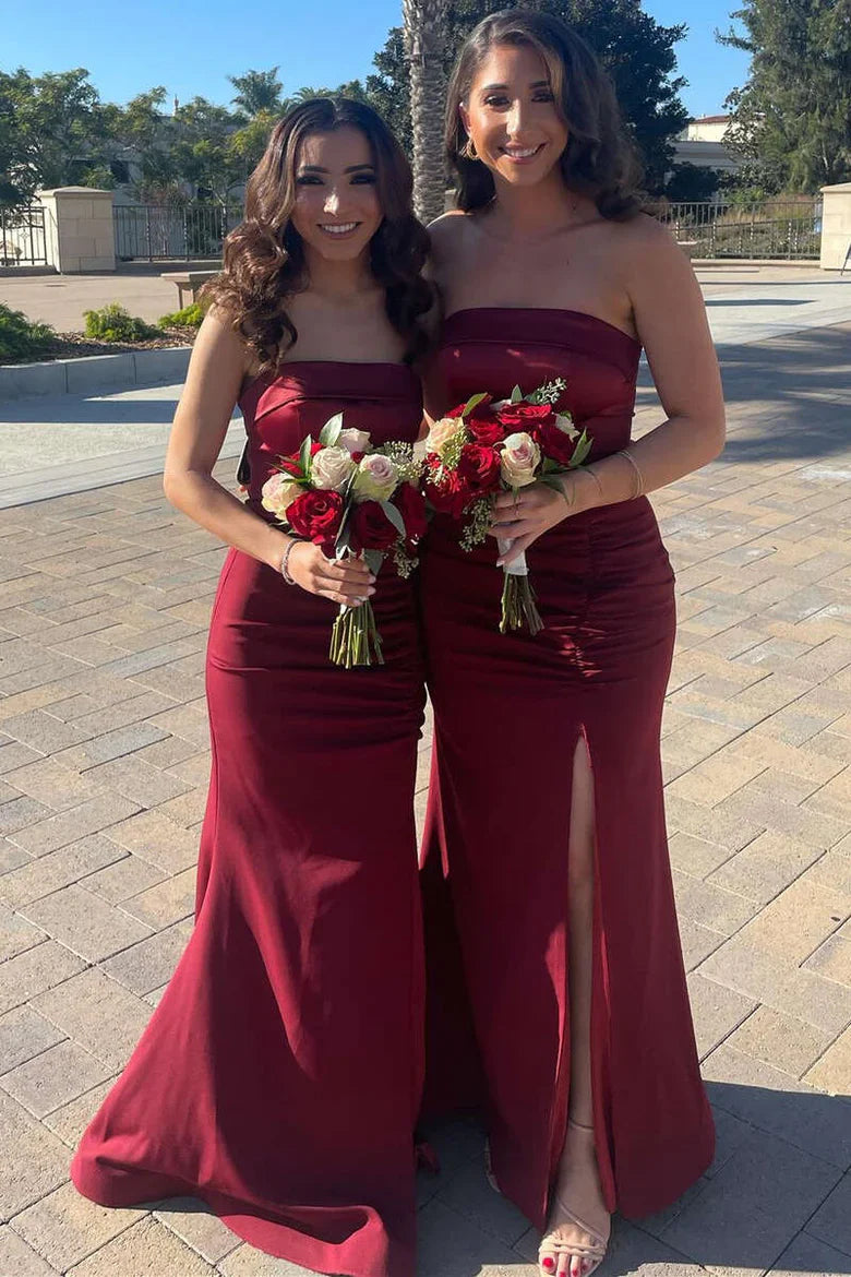 Satin Strapless Long Bridesmaid Dress with Slit