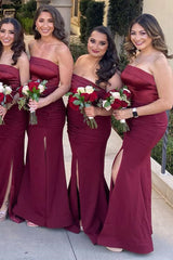 Satin Strapless Long Bridesmaid Dress with Slit