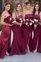 Satin Strapless Long Bridesmaid Dress with Slit