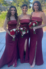 Satin Strapless Long Bridesmaid Dress with Slit