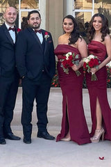 Satin Strapless Long Bridesmaid Dress with Slit