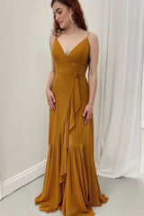 V Neck Ruffled Long Bridesmaid Dress