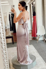 Backless Spaghetti Straps Cow Neck Tie-Back Sheath Bridesmaid Dress