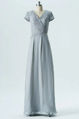 V Neck Floor Length Chiffon Short Sleeve Bridesmaid Dress