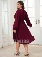 Plus size evening dress mid length dress winter long sleeved wrap V-neck belt A-line flowing party dress