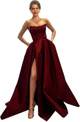 Womens Long Strapless Satin Prom Dress Sleeveless Slit Evening Ball Gown Off Shoulder Party Dress Wholesale