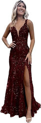 Women's Sparkly Sequin Mermaid Prom Dresses for Teens V Neck Long Formal Evening Party Dresses with Slit Wholesale