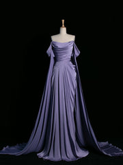 Simple A line Strapless Sleeveless Satin Lilac Prom Dresses Long Prom Dress P489