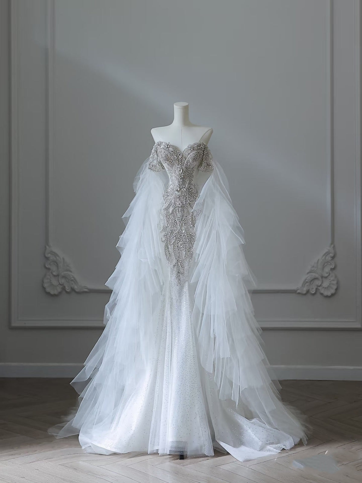 Modest Mermaid Off The Shoulder White Tulle Long Wedding Dresses Brides Dress SS3843