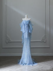 Sexy Mermaid Off The Shoulder Blue Sequin Long Prom Dresses Evening Gowns S3847