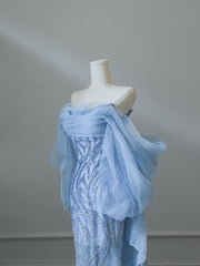 Sexy Mermaid Off The Shoulder Blue Sequin Long Prom Dresses Evening Gowns S3847