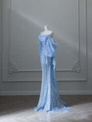 Sexy Mermaid Off The Shoulder Blue Sequin Long Prom Dresses Evening Gowns S3847