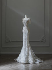 Unique Mermaid Square Neckline Short Sleeves Wedding Dresses White Brides Dress S3859