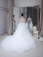 Princess Mermaid Strapless Neckline Long Sequin Feathers Long Wedding Dresses Brides Dress S3861