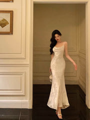 Gorgeous Mermaid Spaghetti Straps Date Night Dress Floral Ivory Satin Prom Dresses Birthday Outfit SD744