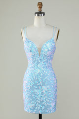 Sparkly Lace-Up Back Light Blue Homecoming Dress