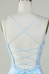 Sparkly Lace-Up Back Light Blue Homecoming Dress