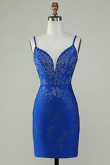 Royal Blue Beaded Spaghetti Straps Bodycon Homecoming Dress