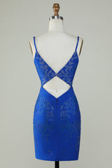 Royal Blue Beaded Spaghetti Straps Bodycon Homecoming Dress