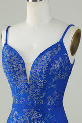 Royal Blue Beaded Spaghetti Straps Bodycon Homecoming Dress