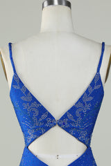 Royal Blue Beaded Spaghetti Straps Bodycon Homecoming Dress