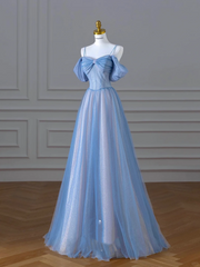 Classy A Line Spaghetti Straps Long Party Dress Blue Prom Dresses SD2449