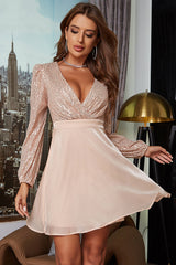 Champagne V-Neck Sequined Homecoming Dress