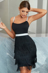 A Line Spaghetti Straps Black Cocktail Dress with Tassel