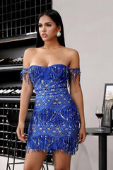 Sheath Off the Shoulder Blue Short Cocktail Dress with Tassel