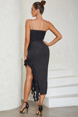 Ruffles Black Cocktail Dress with Slit