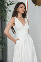 A Line V Neck Sleeveless Little White Dress with Hollow-out Back