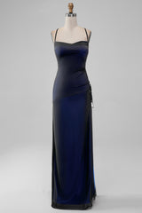 Black Blue Mermaid Spaghetti Straps Long Bridesmaid Dress with Slit