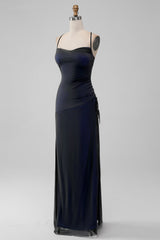 Black Blue Mermaid Spaghetti Straps Long Bridesmaid Dress with Slit