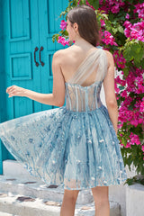 One Shoulder A Line Corset Homecoming Dress with Beaded