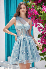 One Shoulder A Line Corset Homecoming Dress with Beaded