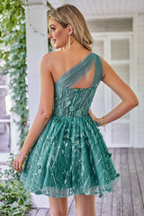 One Shoulder A Line Corset Homecoming Dress with Beaded