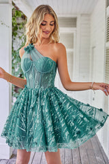 One Shoulder A Line Corset Homecoming Dress with Beaded